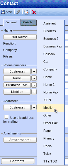 Cascade menu to choose the phone type