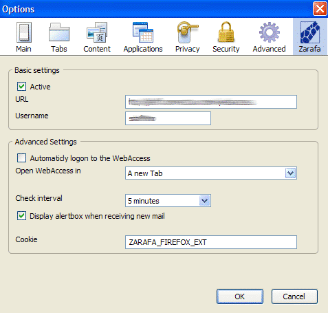 Zarafa Mail-checker extension settings